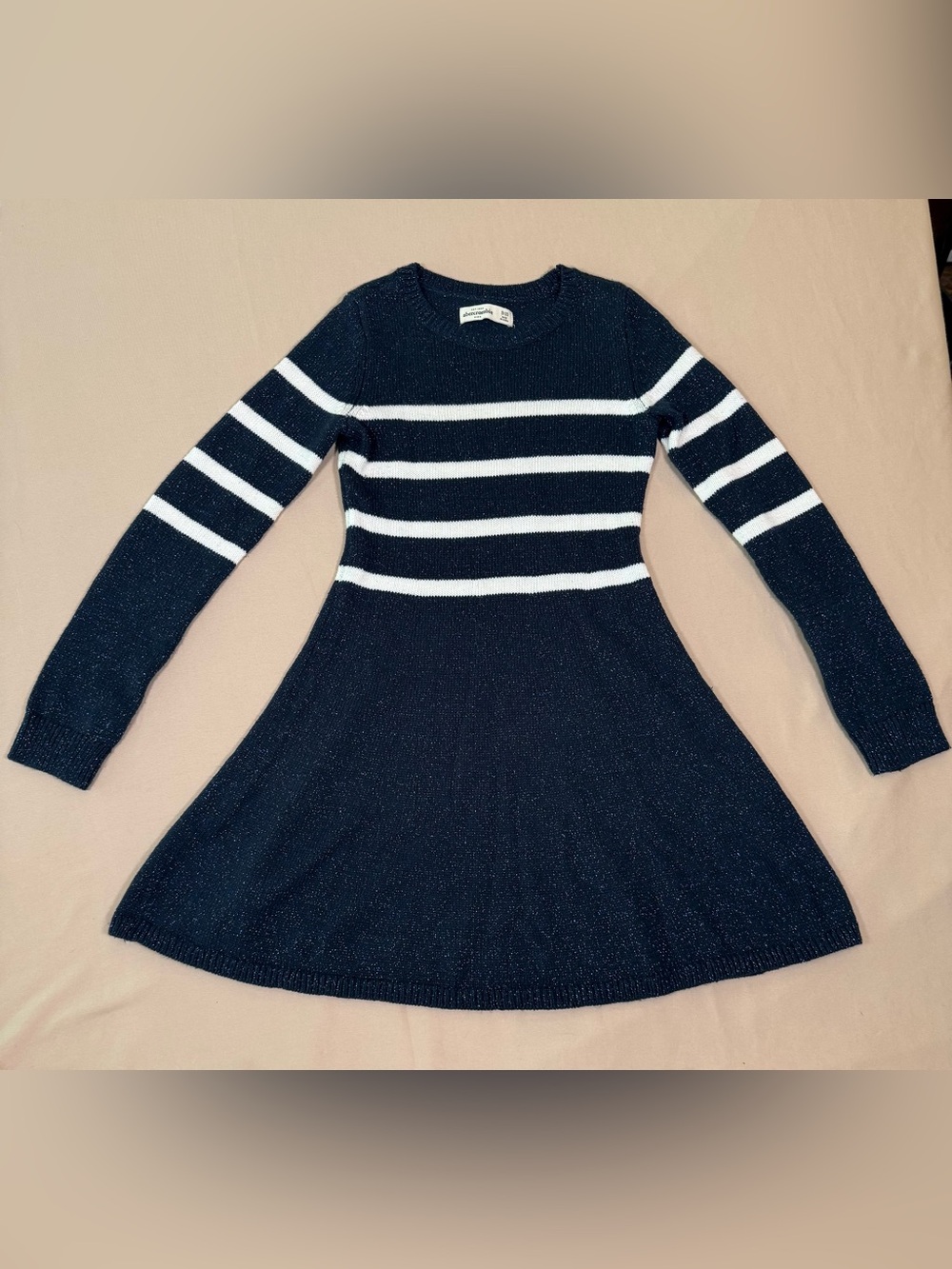 Abercrombie Kids Sparkle Navy and White Striped Knit Sweater Dress, size 9/10.